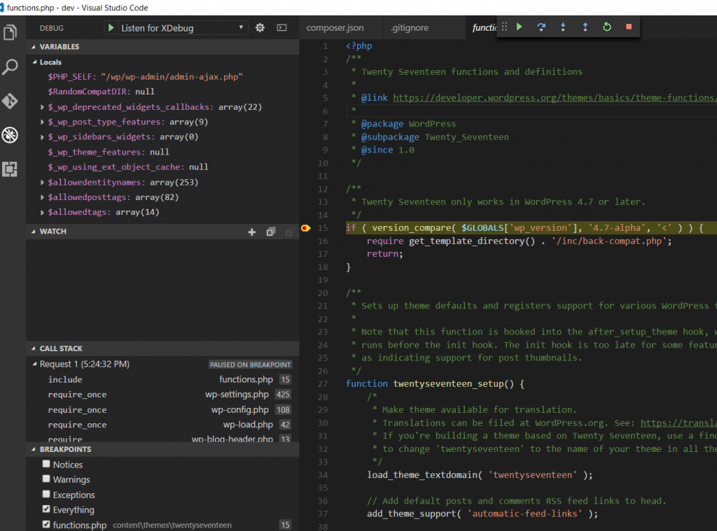 Screenshot of debugging WordPress theme file