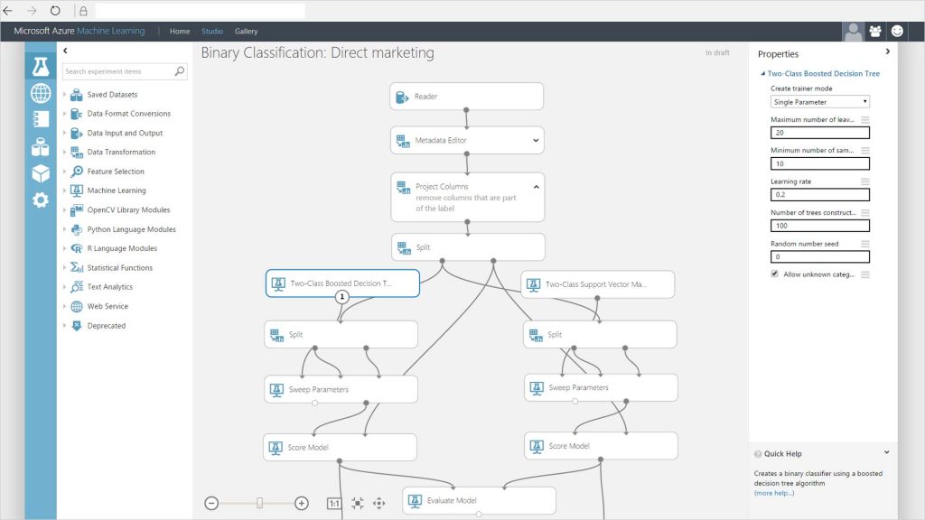 Screenshot of the Azure Machine Learning UI with a Binary Classification for direct marketing